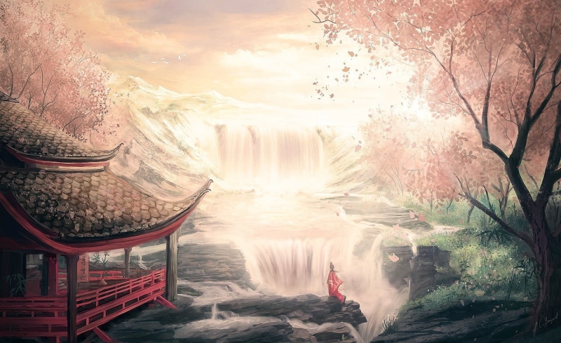 Japan, 720P, water, trees, fantasy art, Japanese Garden, cherry trees