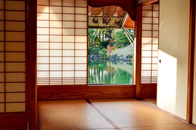 no people, houses, building, tatami mats, water, day, entrance, architecture, pond, glass, k, japanese-style room, glass - material, disabilities, sliding door