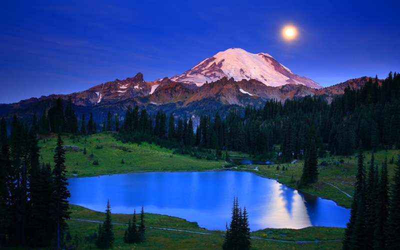forest, mountains, landscape, lake, moon, scenics - nature, reflection, non-urban scene, coniferous tree, water, 1080P, mountain range, plant, national park