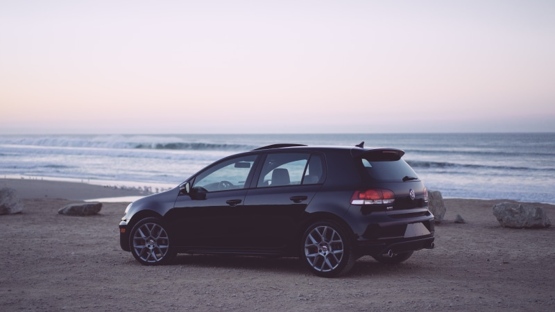 GTI, transportation, motor vehicle, water, vehicle, land, car, Volkswagen Golf, horizon, mode of transportation, 5K, sky, horizon over water, beauty in nature