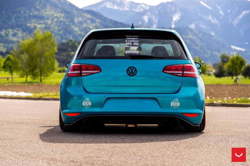 outdoors, mountain, gti, blue, day, stationary, travel, mode of transportation, tree, golf, 1080P, road trip, sunlight, retro styled, focus on foreground
