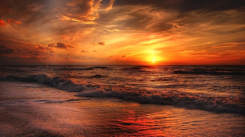 no people, horizon over water, wave, water, sky, orange, romantic sky, tranquility, horizon, orange sky, sunrise, sea, tranquil scene, sunset, shore, reddish