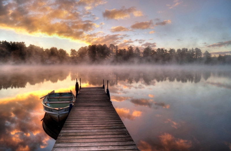 mist, 1080P, reflection, boat, pier, clouds, calm waters, sky, nature, calm