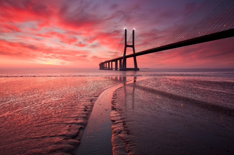 Portugal, Vasco da Gama Bridge, 2K, Tagus River, Sunset