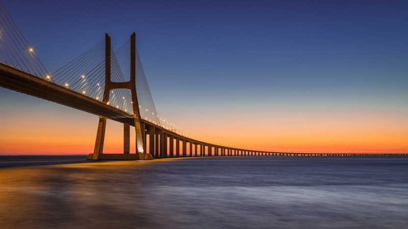 horizon over water, Lisbon, bridge - man made structure, sunset, city, travel destinations, sea, scenics - nature, engineering, sky, built structure, 1080P
