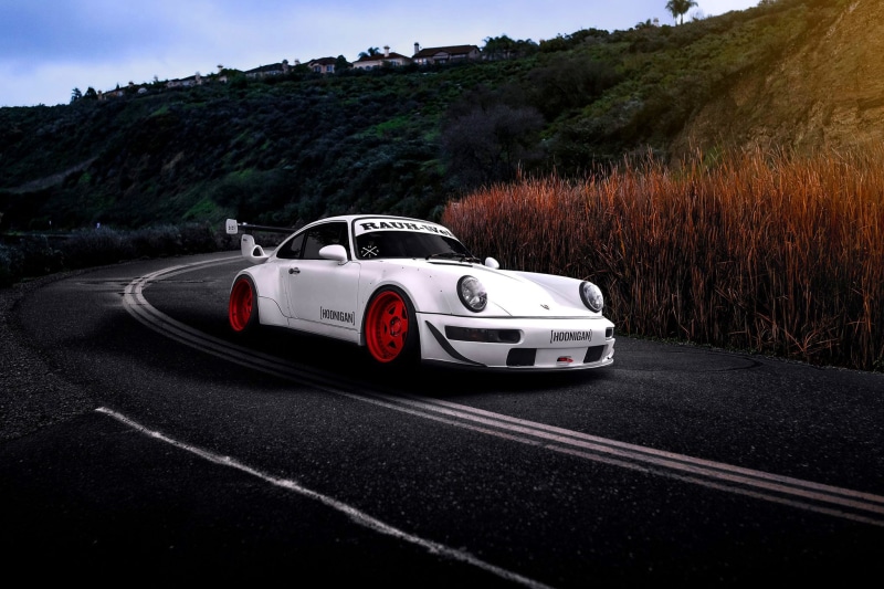 red, transportation, non-urban scene, no people, Porsche, RWB, travel, day, plant, White, sky, outdoors, motion, Road, Sun, Car, nature, sign, motor vehicle