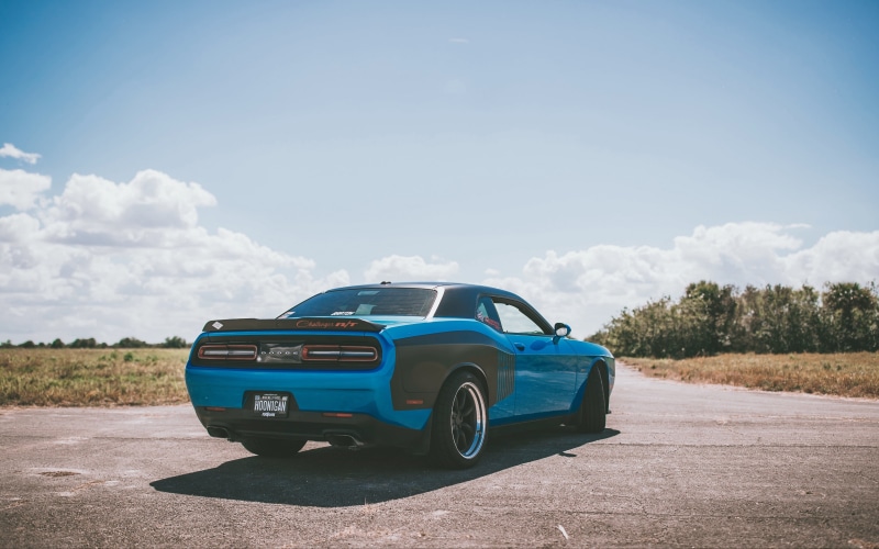luxury, road trip, travel, day, blue, nature, retro styled, Dodge Challenger R/T, sunlight, outdoors, hoonigan, 4K, green color, cloud - sky, road, field