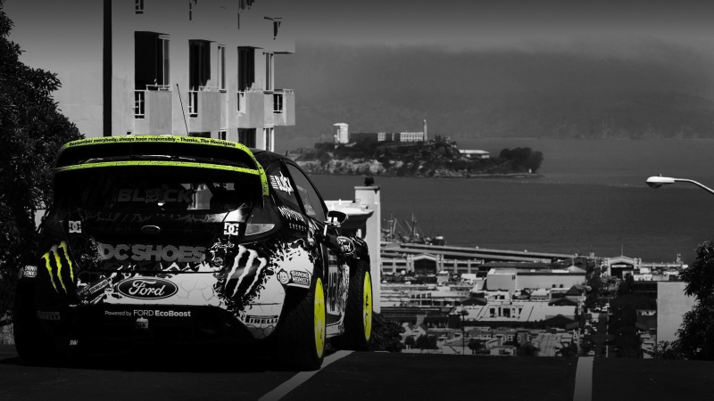 day, 1080P, rear view, Ford, mode of transportation, Alcatraz, car, city life, outdoors, street, Ken Block, road, land vehicle, architecture, water, city