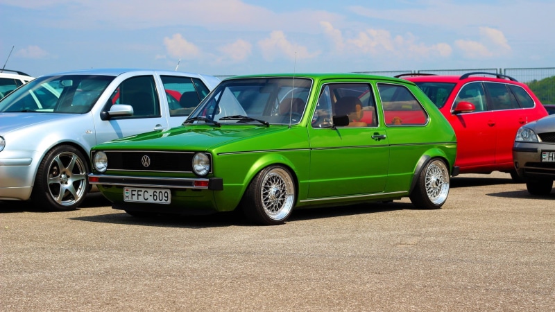 Stance, retro styled, Volkswagen, green, door, city, vehicle, motor vehicle, Golf 1, cloud - sky, hatchback, street, outdoors, road, sky, mode of transportation