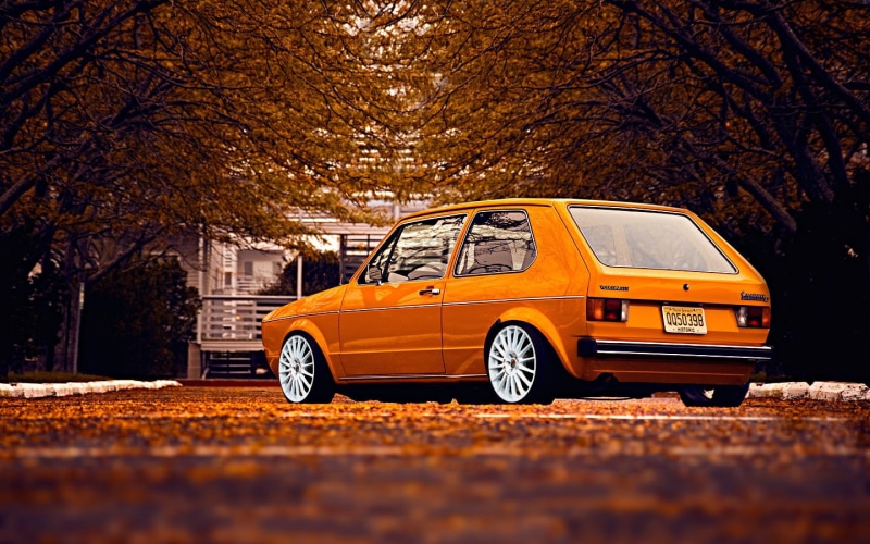 street, autumn, door, change, Volkswagen, hatchback, branch, stationary, Golf 1, leaves, day, motor vehicle, nature, orange color, tree, 720P, taxi, yellow