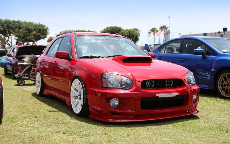red, hatchback, stationary, nature, motor vehicle, plant, mode of transportation, 1080P, JDM, retro styled, door, vintage car, transportation, Subaru Impreza WRX