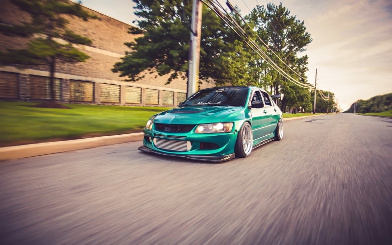 Japanese cars, 1080P, Mitsubishi, green, blurred, Stance, Lancer Evolution VIII, Mitsubishi Lancer, car, low, JDM, motion blur, Mitsubishi Lancer Evolution