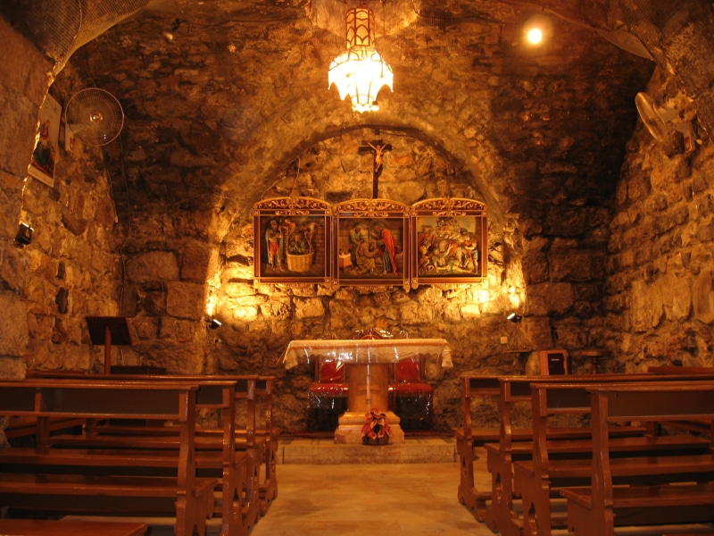 illuminated, ceiling, lighting equipment, candle, mural, belief, chapel, damascus, no people, building, architecture, absence, electric lamp, indoors, seat