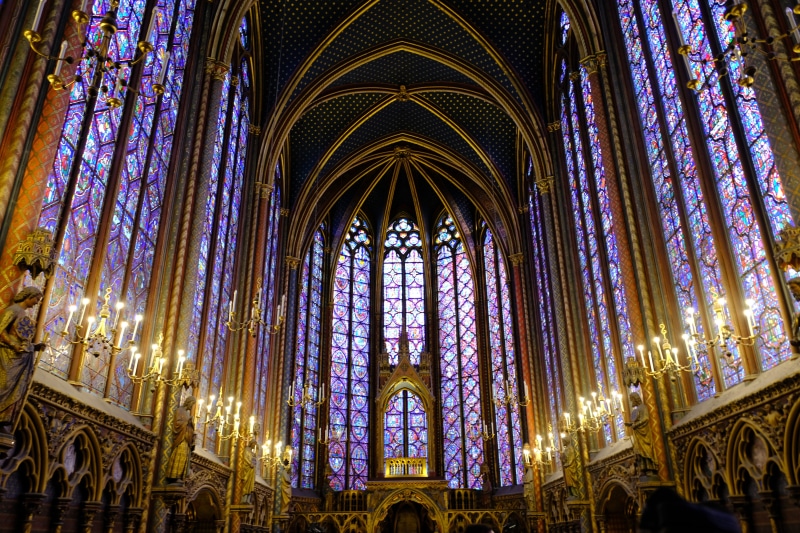 indoors, gothic style, purple, belief, religion, france, architecture and art, no people, ornate, architecture, sainte-chapelle, architectural column, glass