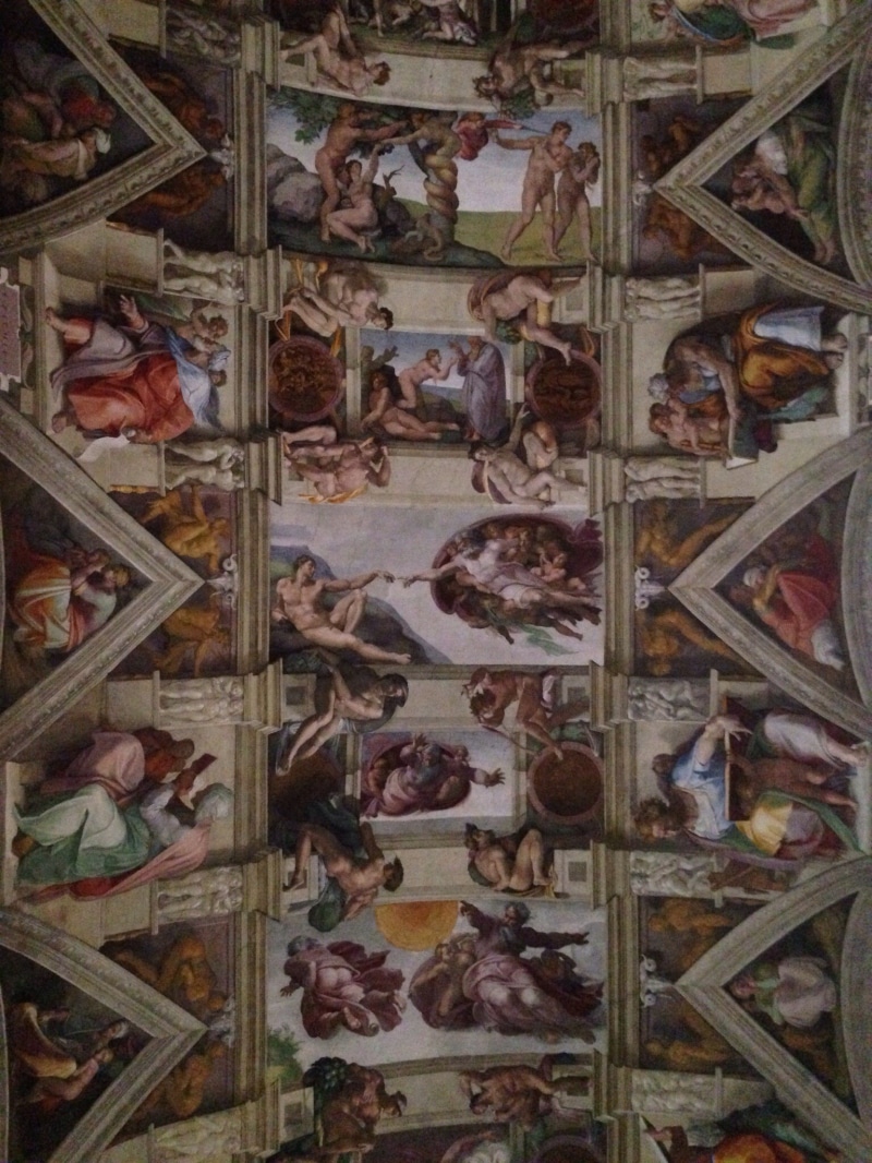 wall, sistine chapel, no people, decor, food, representation, miguel angelo, 1080P, indoors, architecture, backgrounds, high angle view, large group of objects