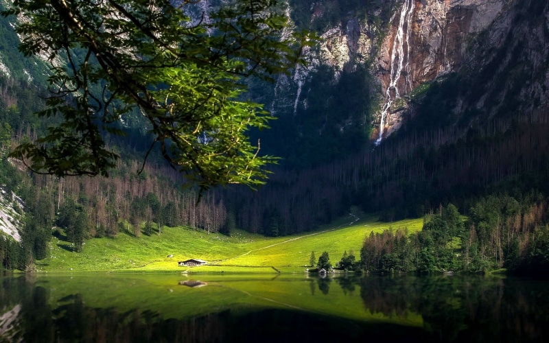 lake, mountain, tranquility, waterfall, mountains, landscape, plant, leaf, day, cabin, tree, scenics - nature, outdoors, forest, no people, 1080P, trees
