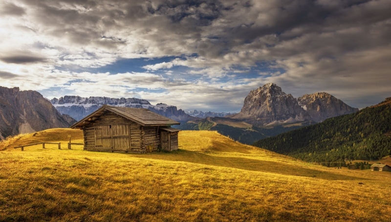 clouds, grass, photography, 720P, dry grass, plant, rural scene, brown, built structure, nature, cottage, landscape, log cabin, sunset, tranquil scene