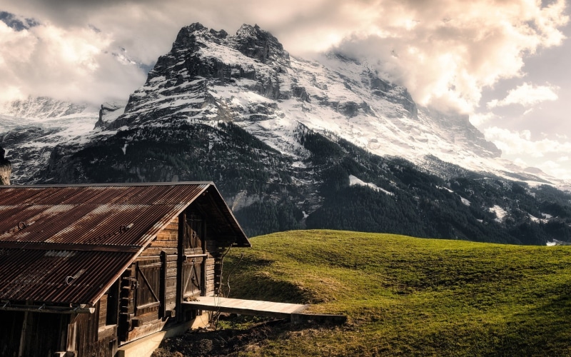 wooden, landscape, built structure, winter, beauty in nature, cloud - sky, mountains, outdoors, cold temperature, mountain, architecture, house, brown
