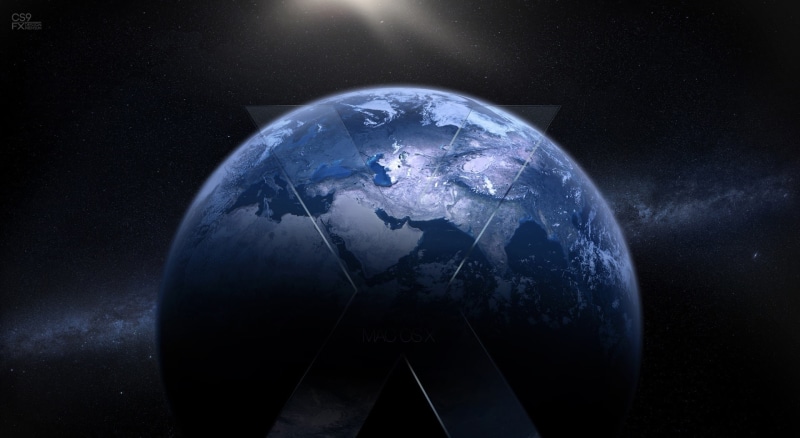 digital composite, planet earth, mac apple, star - space, sphere, cloud - sky, planet - space, water, cs9 fx design, black background, osx, satellite view