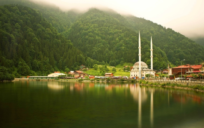 reflection, mist, Turkey, landscape, trees, forest, 1080P, lake, nature, mosque, Uzungöl, Trabzon, hills