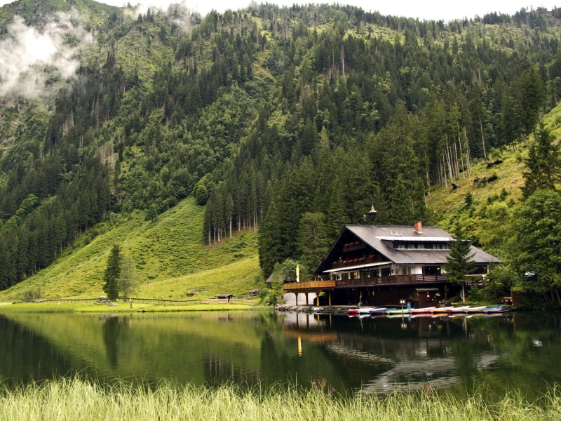 sky, woodland, non-Urban Scene, nature, boats, rural Scene, cottage, landscape, green Color, water, house, european Alps, village, autumn, river, no People