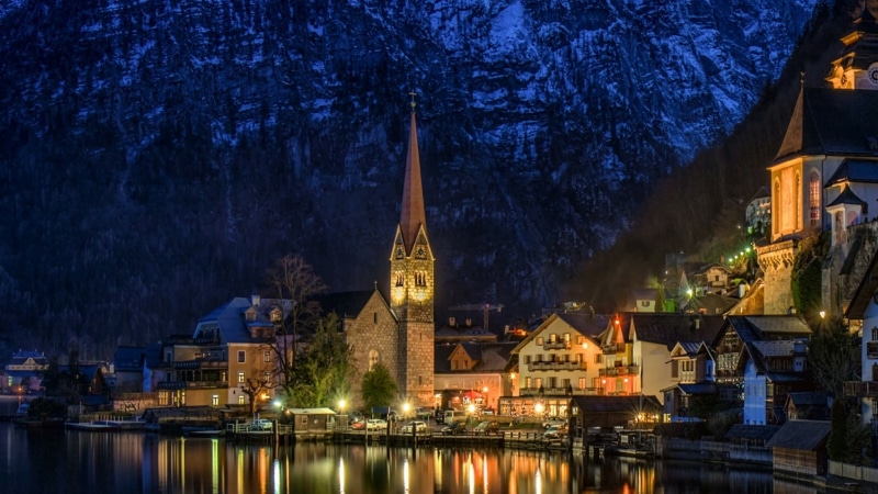 built structure, no people, architecture, europe, village, illuminated, reflection, plant, canal, lake, building exterior, austria, nature, water, place of worship