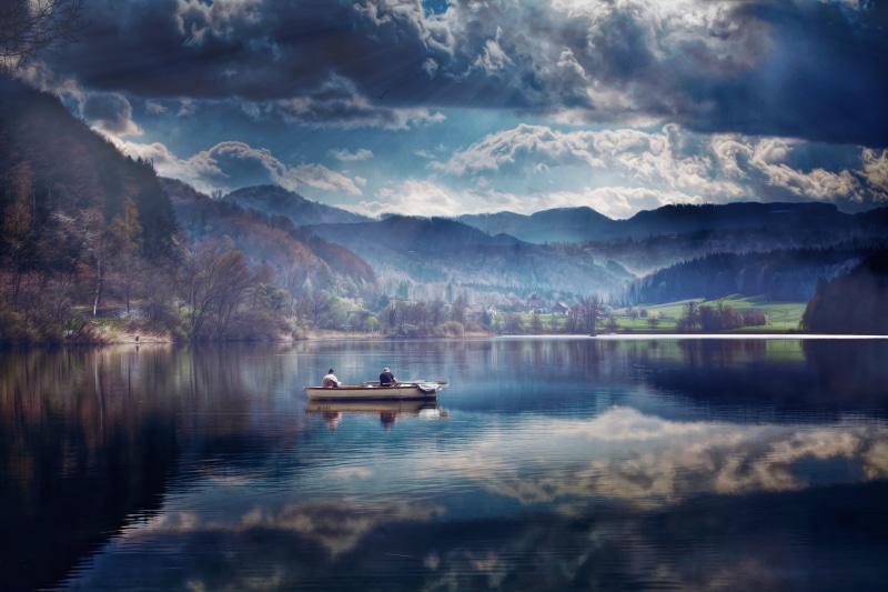 transportation, morning, idyllic, sunrise - Dawn, sunlight, 5K, hill, color Image, woodland, waterfront, rowboat, nature, sun, cloud - Sky, summer, Boat