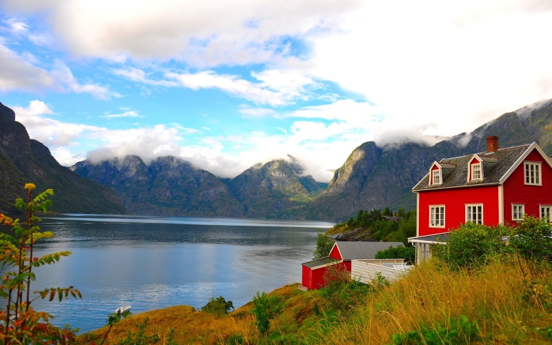 lofoten, hallstatter See, 2K, building exterior, reflection, tourism, norwegian Culture, village, forest, green Color, scenics - nature, building, red