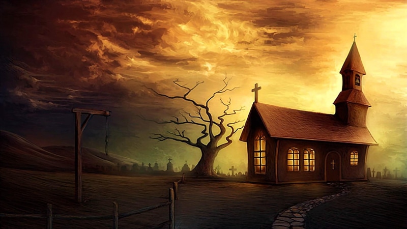 clouds, cemetery, art, chruch, gallows, painting, dream world, tree, 1080P