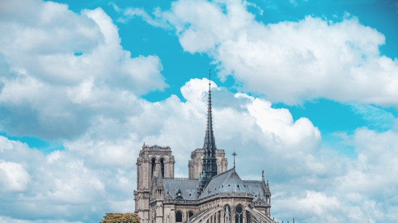 notre dame, 8K, travel destinations, built structure, cloud - sky, building, spire, blue, nature, history, chruch, clouds, day, building exterior, tower