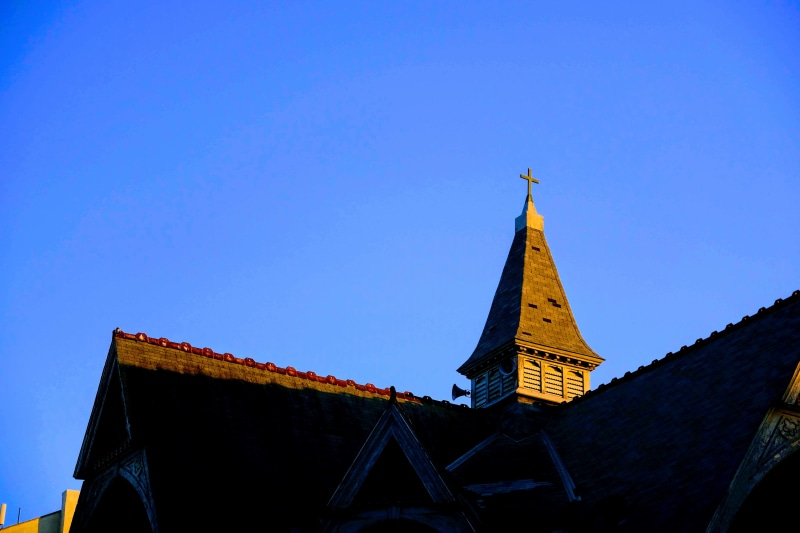 chruch, day, spire, religion, tower, cloud, blue, low angle view, sea, belief, sky, no people, outdoors, brooklyn, evening, nature, clear sky, copy space
