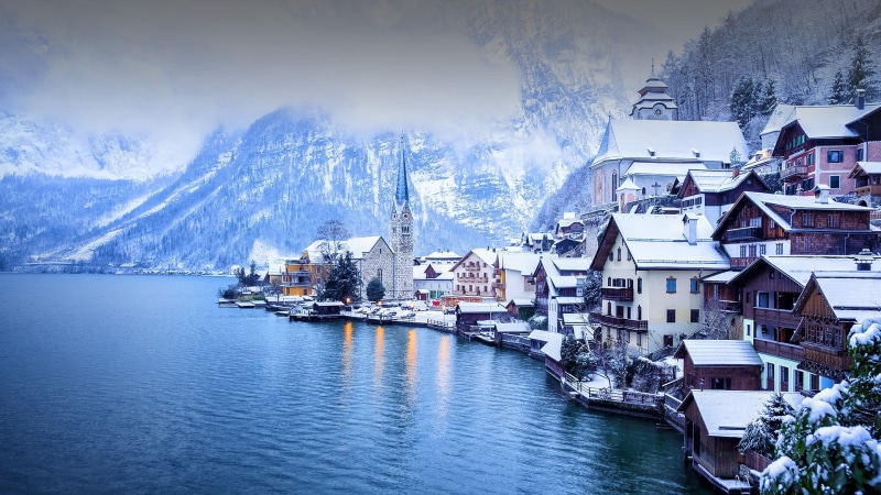 snow, landscape, Austria, winter, mountains, river, Hallstatt, 1080P
