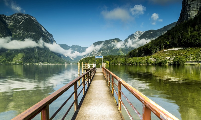 Austria, forest, clouds, rocks, mountains, Hallstatt, 4K, pier, lake