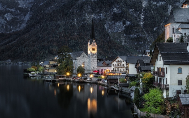 forest, lights, urban, 1080P, Hallstatt, Austria, sunset, mountains, landscape, reflection, nature, lake