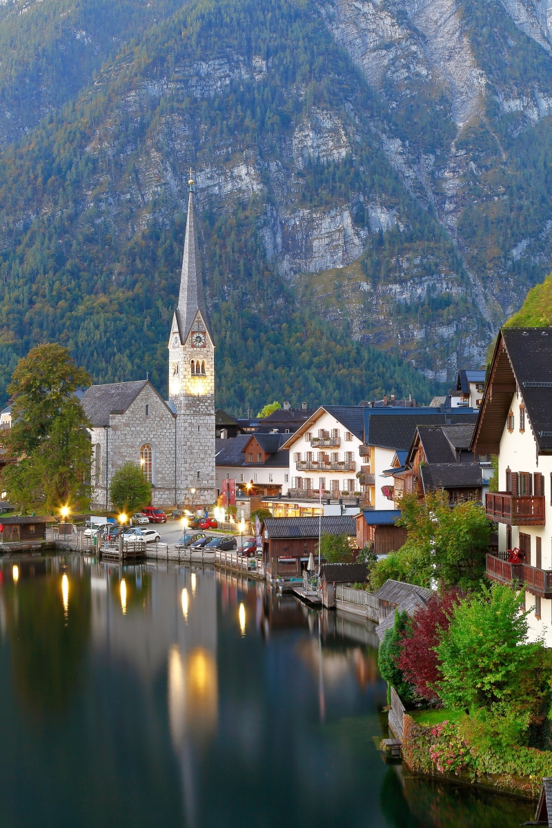 place of worship, building, spirituality, water, austria, no people, outdoors, river, lake, reflection, city, architecture, mountain, day, nature, church