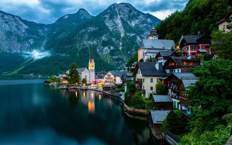 hallstatt, mountains, lake, 2K, austria