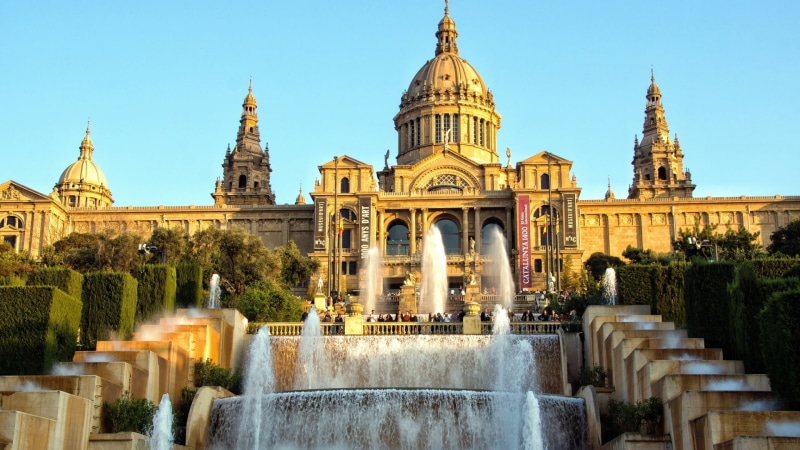 fountain, tourism, travel, city, barcelona, built structure, spain, sky, place of worship, building exterior, day, belief, architecture, landmark, no people