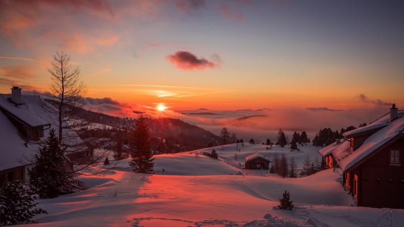 village, sunrise, austria, mountain village, dawn, 4K, falkertsee, snow, red sky, morning, mountain, winter