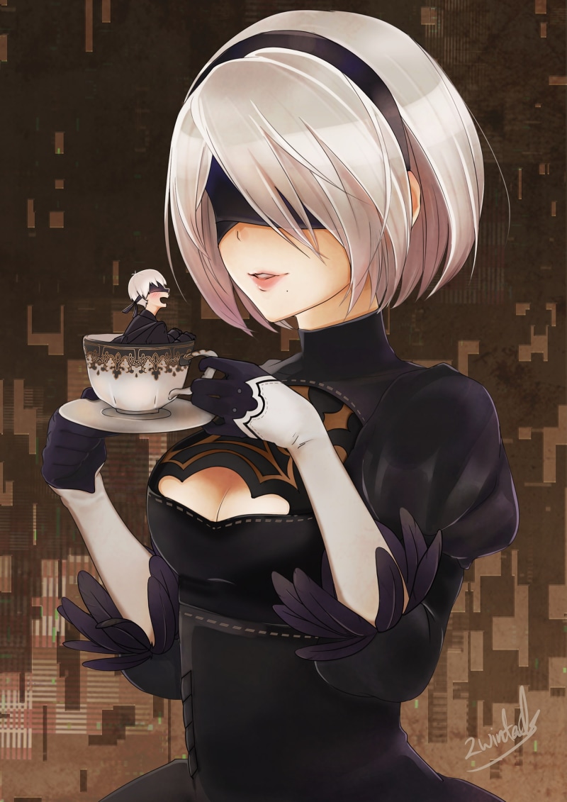 2B (Nier: Automata), blindfold, cleavage, NieR, gloves, 2K, short hair, cup, Nier: Automata, anime girls, white hair, 9S (Nier: Automata), anime