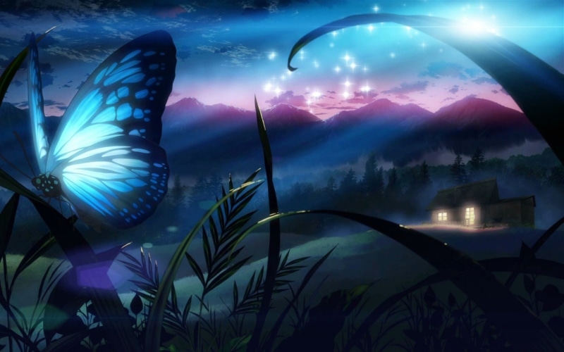 Blue, Stars, Butterfly, Fantasy, Night, Artistic, 1080P