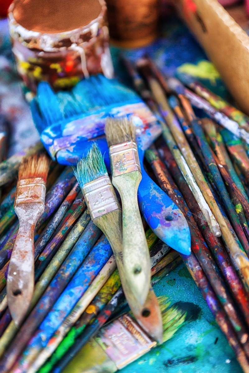 still life, large group of objects, craft, color, lot, messy, choice, watercolor paints, artist, close-up, creativity, indoors, paintbrush, no people, paint