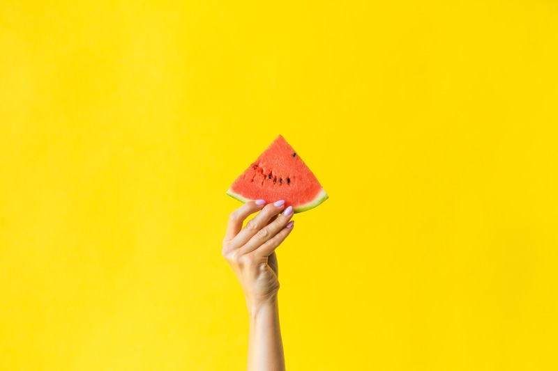 watermelon, yellow, close-up, vitamins, sweet, healthy eating, yellow background, woman, yummy, colored background, holding, summer, background, single object