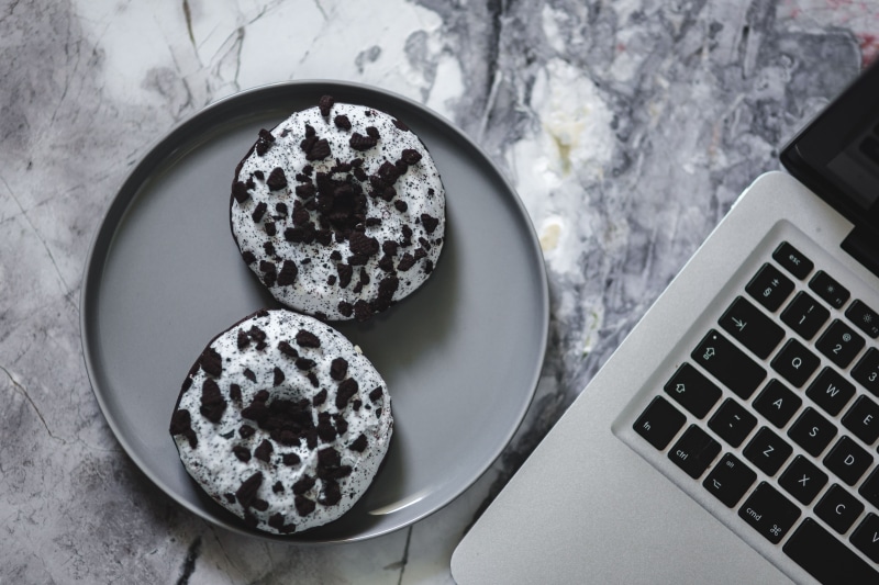 computer equipment, connection, directly above, communication, donuts, freshness, treat, computer keyboard, indoors, 5K, Colorful, computer, tasty, food and drink