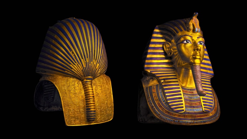 indoors, mask of Tutankhamun, side by side, statue, Egypt, group of objects, craft, gold, cut out, gold colored, no people, still life, 1080P, representation