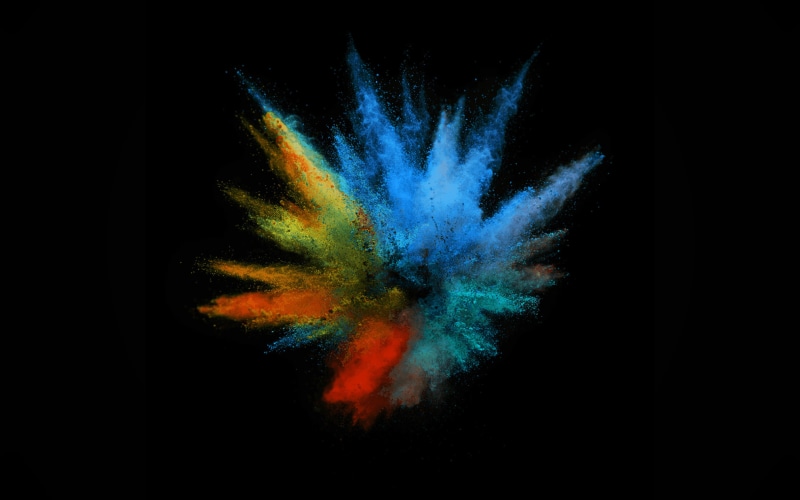 multi colored, blue, color, exploding, new, illustration, vibrant color, pop, nature, macbook, talcum powder, dark, impact, 4K, studio shot, black background
