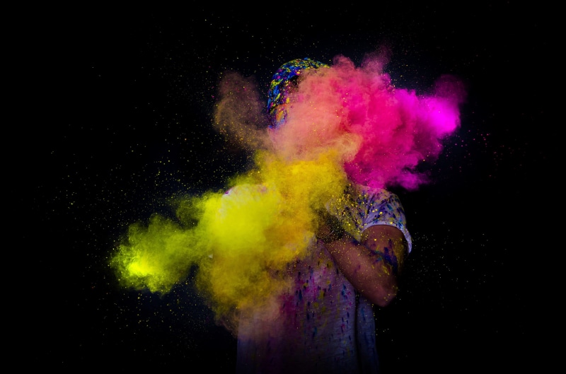 human limb, talcum powder, smoke, background, black background, face powder, vitality, color, man, purple, performance, 2K, obscured face, powders, holi