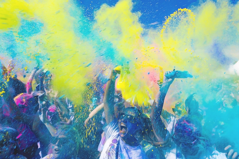 crowd, color, celebration, colored, enjoying, spraying, powder, color Image, colour, painted Image, powder paint, colors, holi, human arm, vitality, group of people