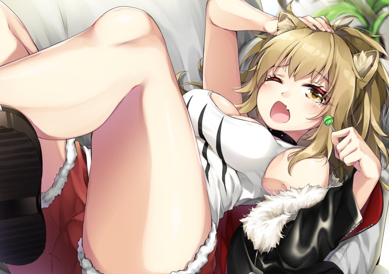open mouth, yellow eyes, animal ears, wink, cleavage, thighs, Fang, Siege(Arknights), 720P, candy