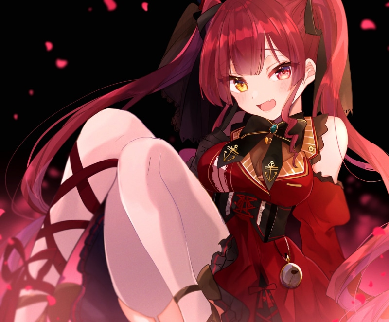 blush, Hololive, 2K, Houshou Marine, heterochromia, redhead, Fang, gothic lolita, black ribbons, red dress, fangs