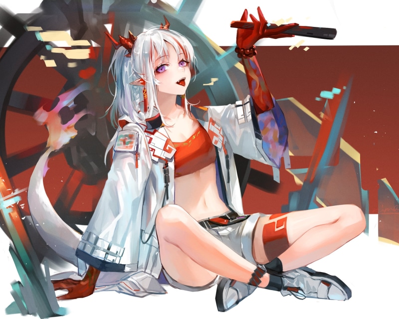 open mouth, white hair, Fang, navels, 1080P, cleavage, horns, fire, Nian(Arknights), purple eyes, blush